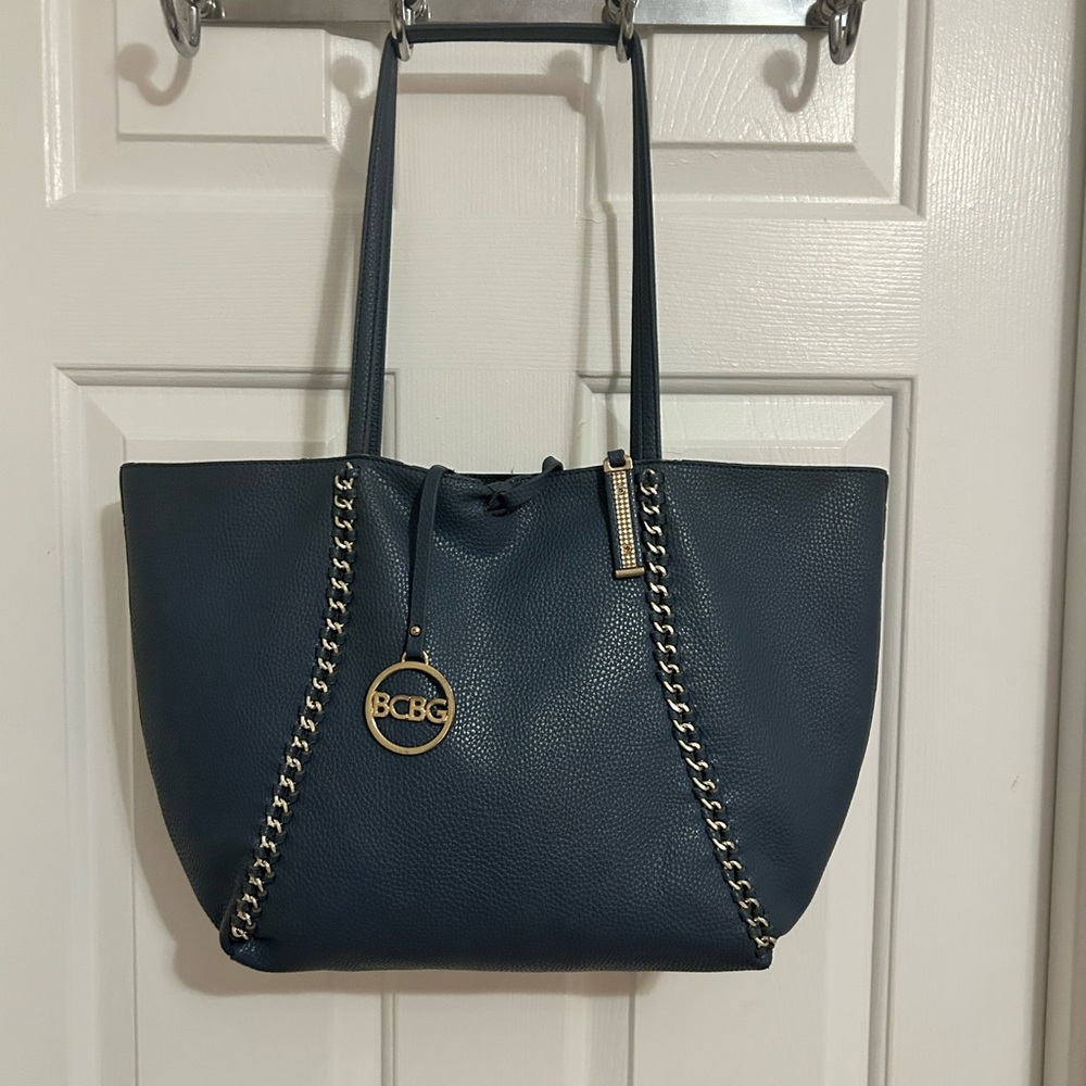 BCBG Navy Tote with Gold Chain Accents